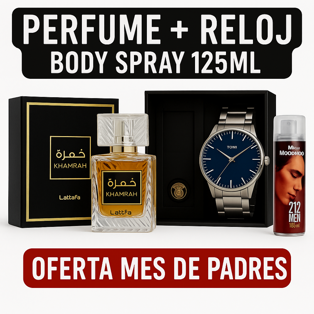 Combo Mes Padres -Khamrah Lattafa 100ML - Reloj Caja de Lujo - Body Spray 125ML