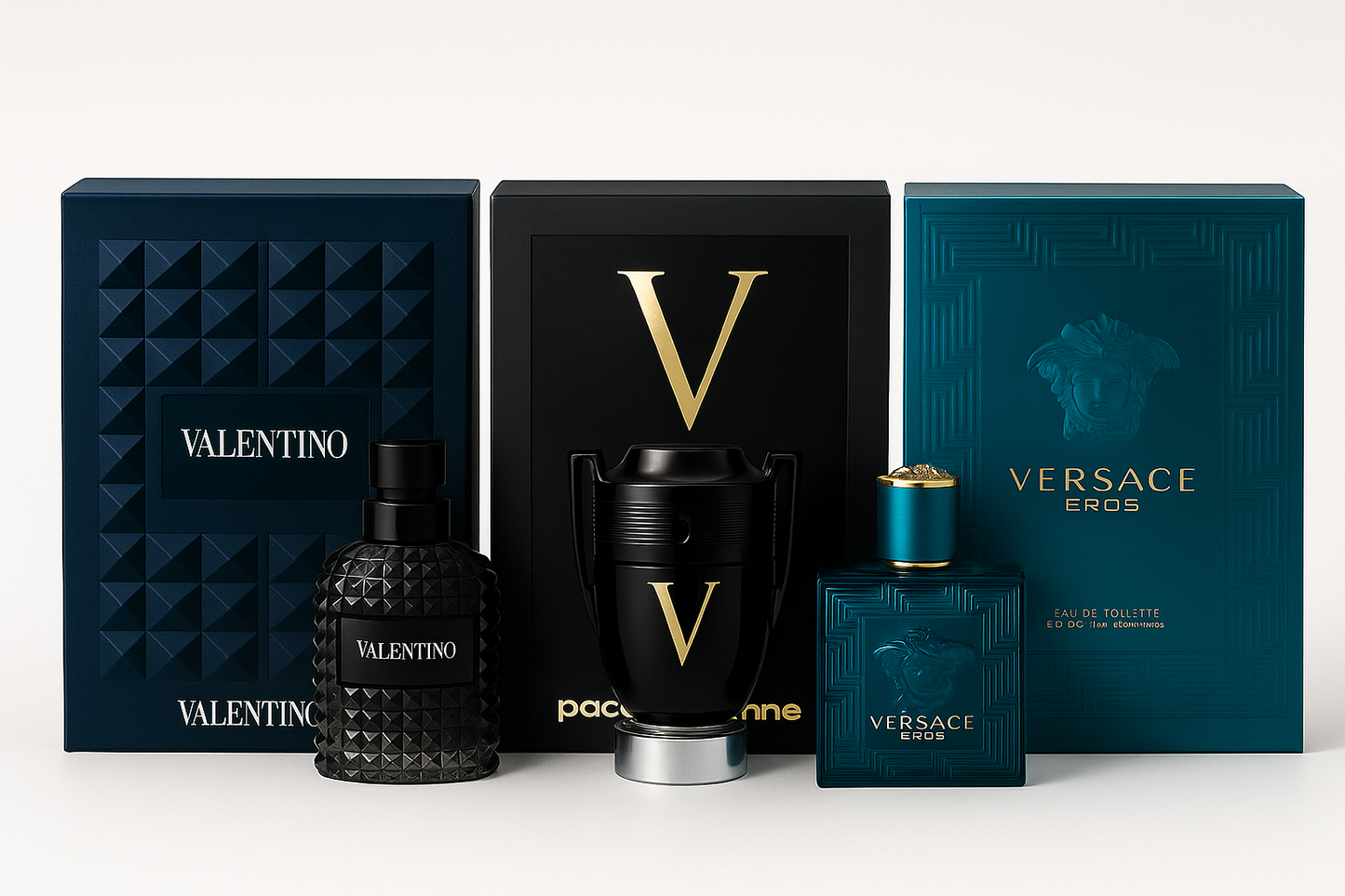 Pack de Alta Gama Hombre | Valentino Uomo | Paco Rabanne Invictus Victory | Versace Eros | 100 ML