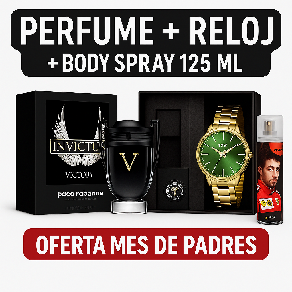 Combo Mes Padres - Invictus Victory 100ML - Reloj Caja de Lujo - Body Spray 125ML