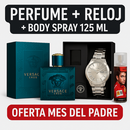 Combo Mes Padres - Versace Eros 100ML - Reloj Caja de Lujo - Body Spray 125ML