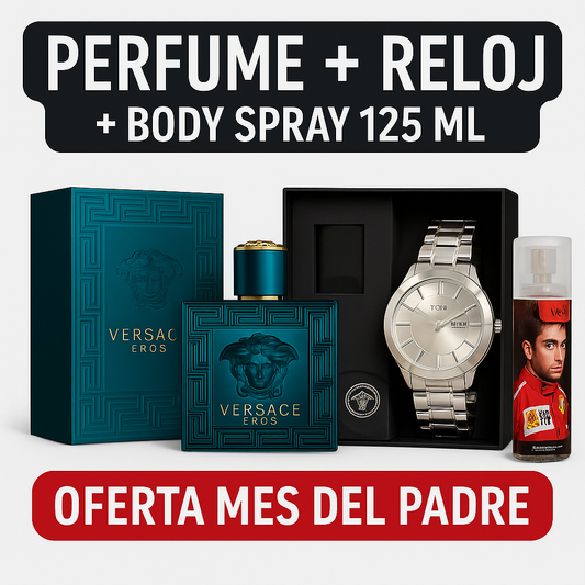 Combo Mes Padres - Versace Eros 100ML - Reloj Caja de Lujo - Body Spray 125ML
