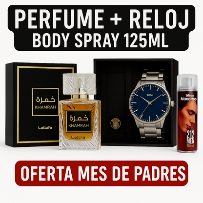 Combo Mes Padres -Khamrah Lattafa 100ML - Reloj Caja de Lujo - Body Spray 125ML
