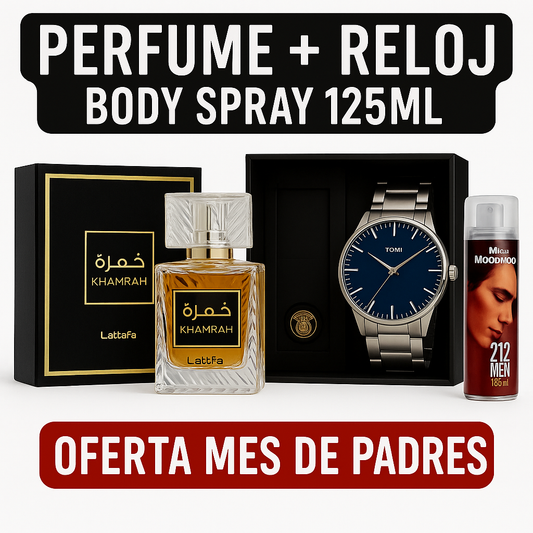 Combo Mes Padres -Khamrah Lattafa 100ML - Reloj Caja de Lujo - Body Spray 125ML