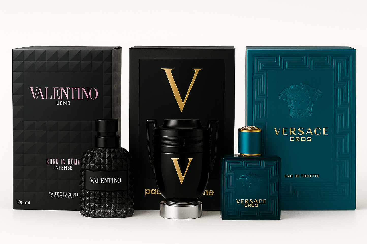 Pack de Alta Gama Hombre | Valentino Uomo | Paco Rabanne Invictus Victory | Versace Eros | 100 ML