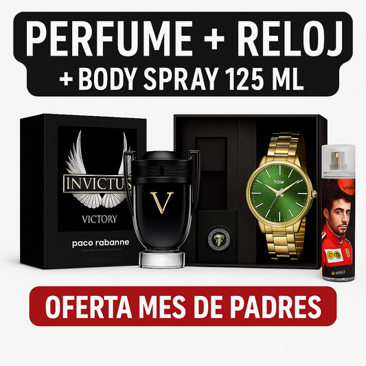 Combo Mes Padres - Invictus Victory 100ML - Reloj Caja de Lujo - Body Spray 125ML
