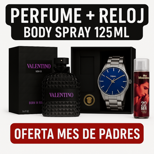 Combo Mes Padres - Valentino Born in Roma 100ML - Reloj Caja de Lujo - Body Spray 125ML