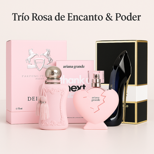 Trío Rosa de Encanto & Poder | Parfums de Marly Delina 75ML | Ariana Grande Thank U Next 100ML | Carolina Herrera Good Girl 100ML