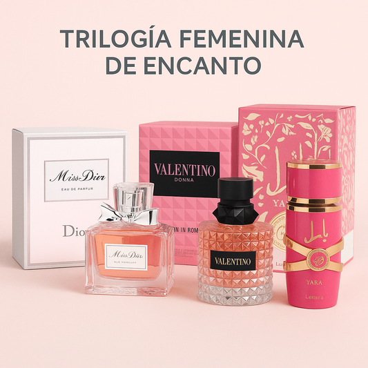 Trilogía Femenina de Encanto |  Miss Dior 100ML | Valentino Donna Born in Roma 100ML | Lattafa Yara Candy 100ML