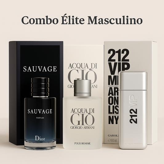 Combo Élite Masculino | Dior Sauvage 100ML | Giorgio Armani Acqua di Giò Pour Homme 100ML | Carolina Herrera 212 VIP Men 100ML